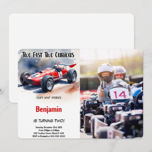 Invitation Voiture de course modifiable, deux photos d'annive (Devant / Derrière)