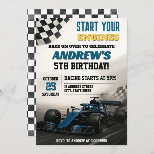 Invitation Voiture de course personnelle fête d'anniversaire (Devant / Derrière)
