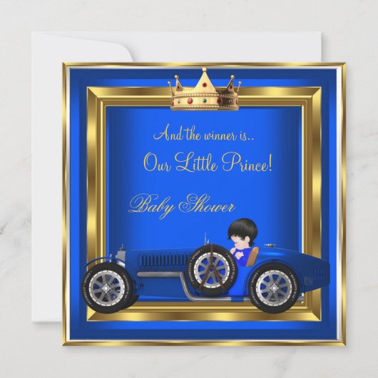 Invitation Voiture de course Prince Baby shower Blue Gold Boy (Devant)