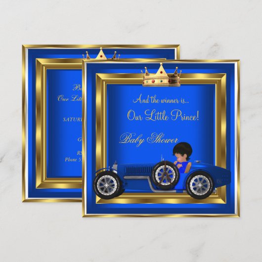 Invitation Voiture de course Prince Baby shower Blue Gold Boy (Devant / Derrière)