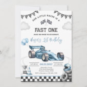 Invitation Voiture de course rapide bleue premier 1er anniver (Devant)