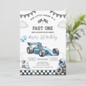 Invitation Voiture de course rapide bleue premier 1er anniver (Debout devant)