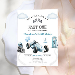 Invitation Voiture de course rapide bleue Premier 1er anniver