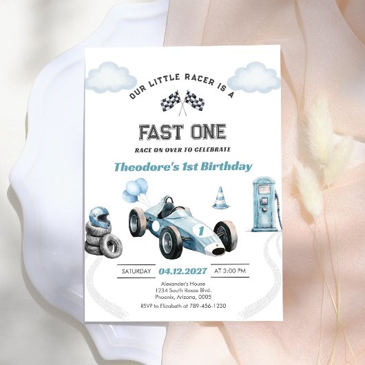 Invitation Voiture de course rapide bleue Premier 1er anniver