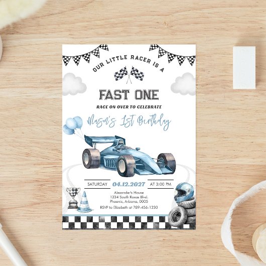 Invitation Voiture de course rapide bleue premier 1er anniver