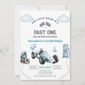 Invitation Voiture de course rapide bleue Premier 1er anniver (Devant)