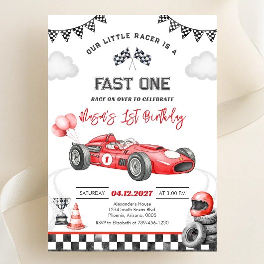 Invitation Voiture de course rapide rouge premier 1er garçon 