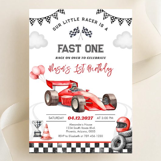 Invitation Voiture de course rapide rouge premier 1er garçon 