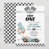 Invitation Voiture de course rapide un bleu 1er anniversaire (Devant / Derrière)