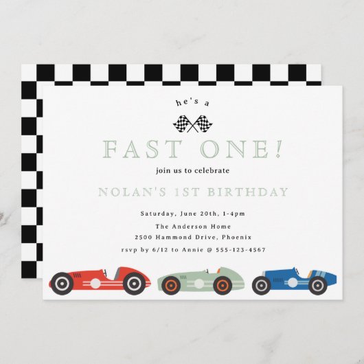 Invitation Voiture De Course Rétro Fast Un Thème Anniversaire (Devant / Derrière)
