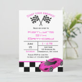 Invitation Voiture de course rose | Anniversaire de enfant pe (Debout devant)