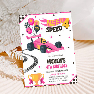 Invitation Voiture de course rose pour un 4ème anniversaire