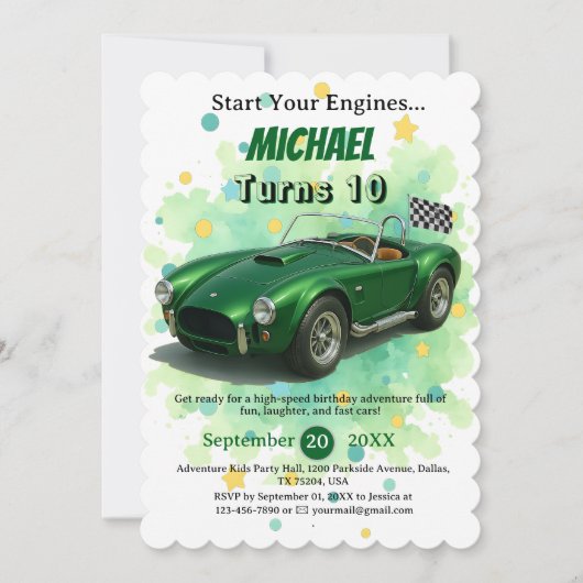 Invitation Voiture de course verte de fête d'anniversaire 10  (Devant)