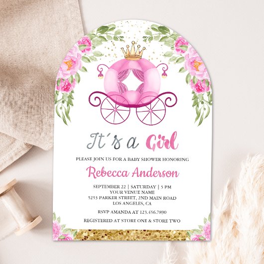 Invitation Voiture de Princesse Florale Rose pour Baby Shower