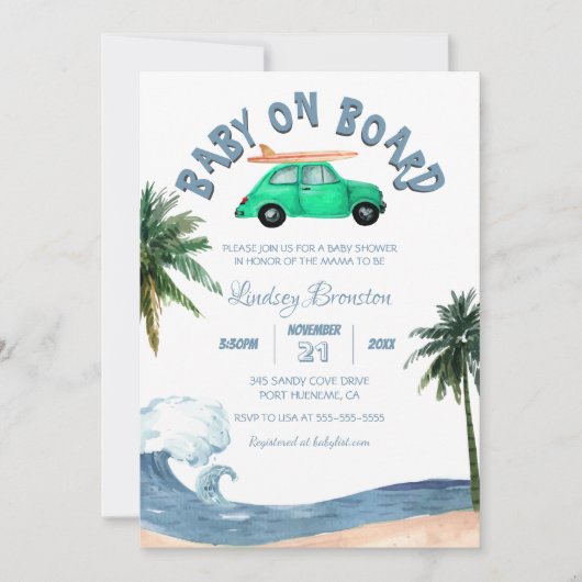 Invitation Voiture de surf Cocout Tree Blue Beach Baby shower (Devant)