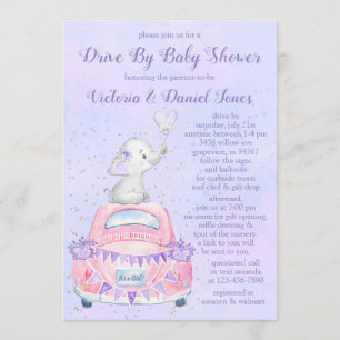 Invitation Voiture D'Éléphant Violet De Fille Par Baby shower