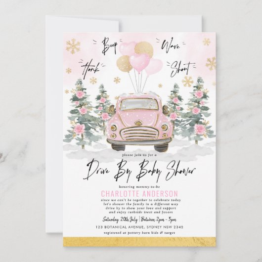 Invitation Voiture D'Hiver Par Baby shower Pink Gold Floral C (Devant)