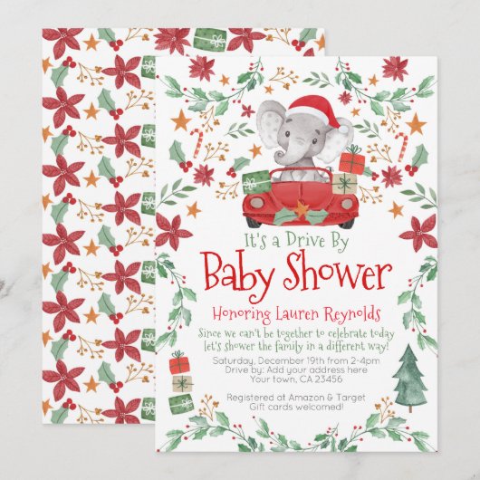 Invitation Voiture éléphante de Noël par Baby shower Invitati (Devant / Derrière)