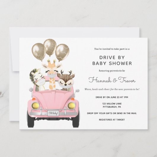 Invitation Voiture En Baby shower Parade Rose (Devant)