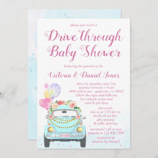 Invitation Voiture Fille À Travers Le Baby shower (Devant / Derrière)