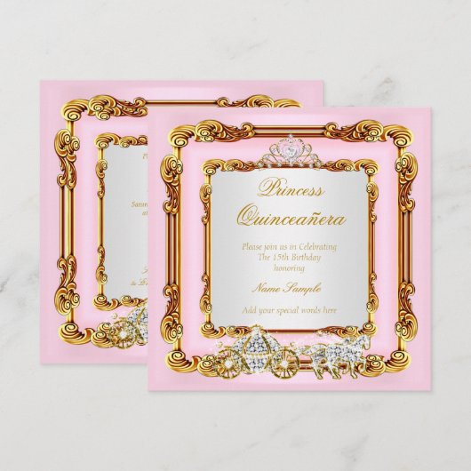 Invitation Voiture Magique Quinceanera Pink Gold (Devant / Derrière)
