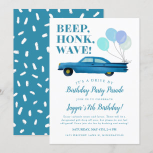 Invitation Voiture Par Boy Anniversaire Fête Blue Vintage Car