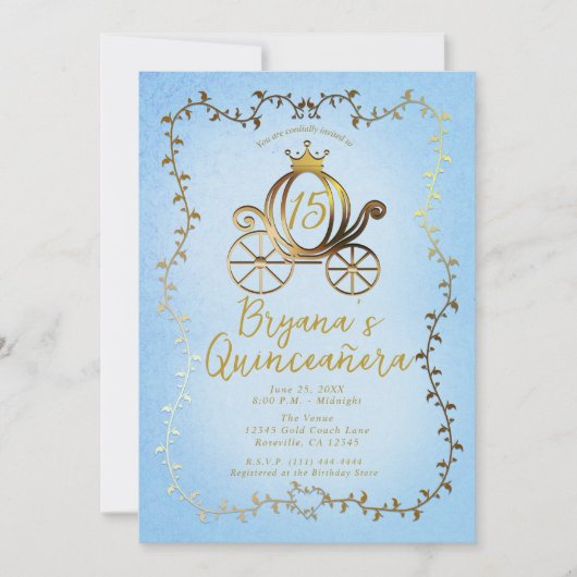 Invitation Voiture Princesse d'Or Histoire Bleue Quinceañera (Devant)