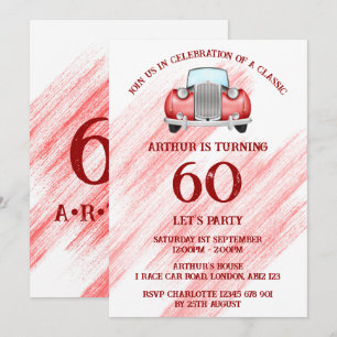 Invitation Voiture rétro classique rouge vintage aquarelle