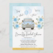 Invitation Voiture Rétro Dusty Blue Floral En Fête des mariée (Devant / Derrière)