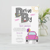 Invitation Voiture rose Baby shower pour fille (Debout devant)