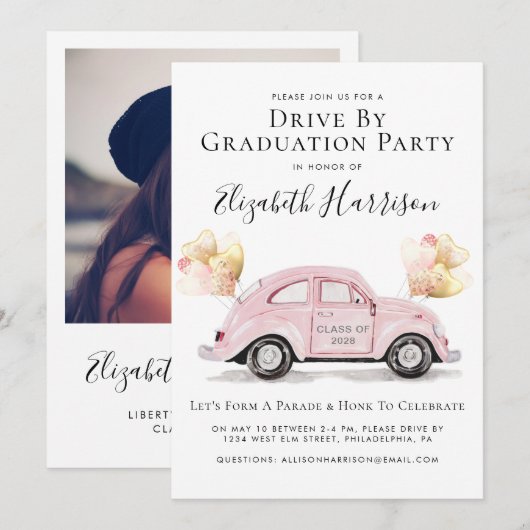 Invitation Voiture Rose Conduite Par Fête (Devant / Derrière)