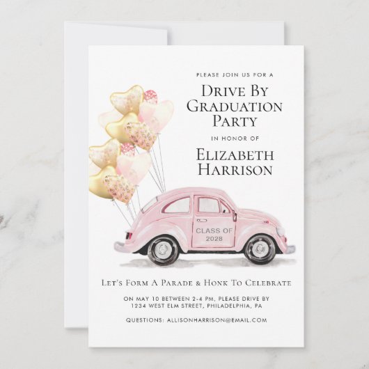 Invitation Voiture Rose Par Partie De Graduation (Devant)