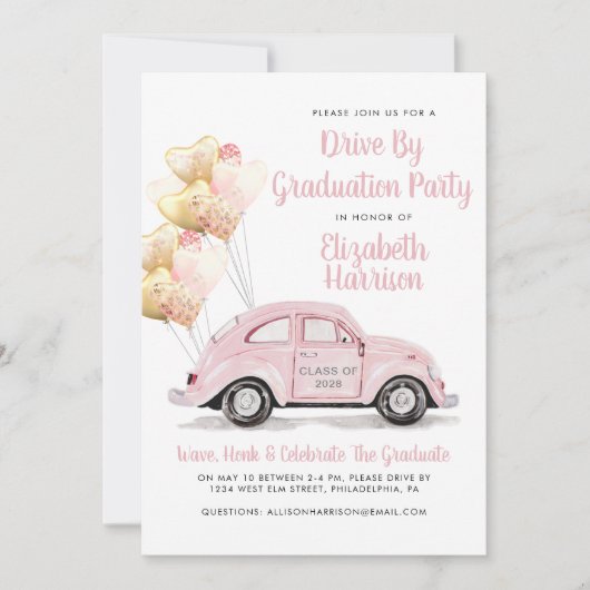 Invitation Voiture Rose Par Partie De Graduation (Devant)