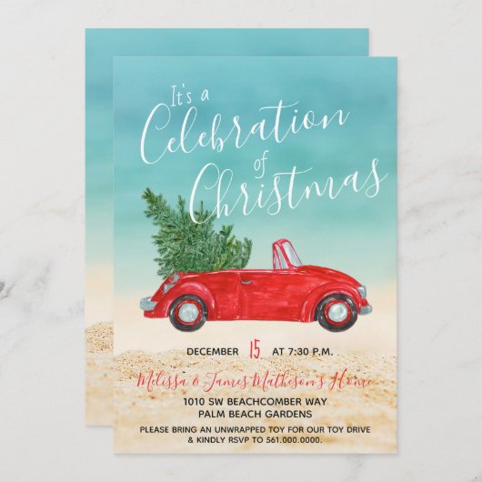 Invitation #Voiture rouge Vintage tropicale #Célébration de N (Devant / Derrière)