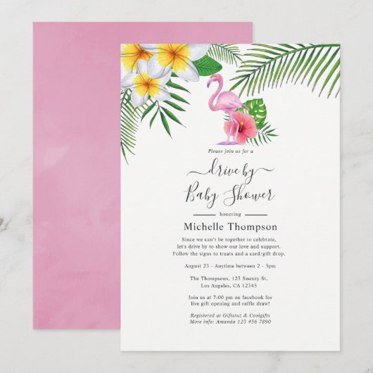 Invitation Voiture Tropicale Flamant rose Rose Par Douche (Devant / Derrière)