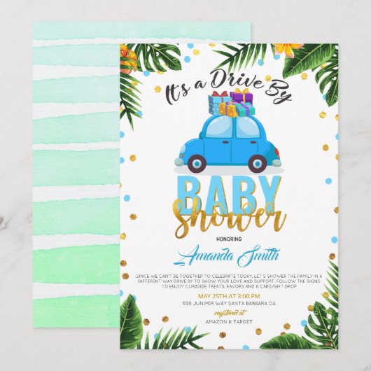 Invitation Voiture Tropicale Par Baby shower Boy (Devant / Derrière)