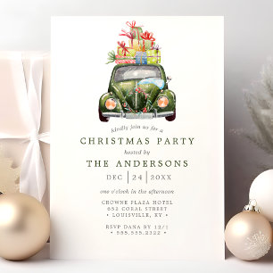 Invitation Voiture Verte Vintage Rétro Aquarelle Fête de Noël