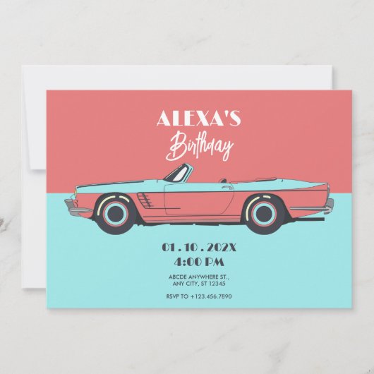 Invitation Voiture vintage couleur pastel anniversaire (Devant)