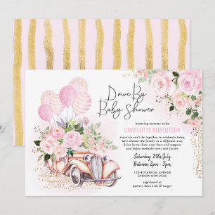 Invitation Voiture Vintage Pink Gold Floral Drive Par Baby sh