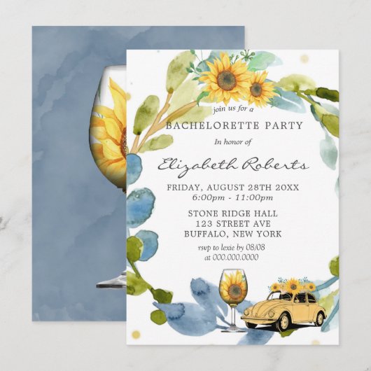 Invitation Voiture Vintage Sunflower Bachelorette (Devant / Derrière)