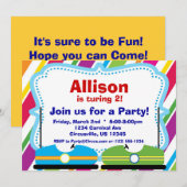 Invitation Voitures de butoir, fête d'anniversaire de cirque (Devant / Derrière)