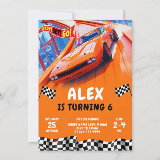 Invitation Voitures de course Anniversaire Turbo roues (Devant)