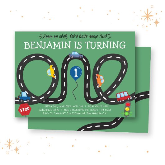 Invitation Voitures sur les routes 1er anniversaire Invitatio