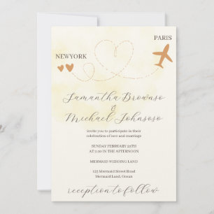 Invitation vol à destination à l'étranger mariage jaune avion