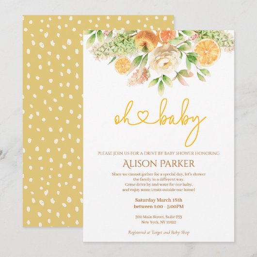 Invitation Volée Florale D'Agrumes De Rose Jaune Par Baby sho (Devant / Derrière)