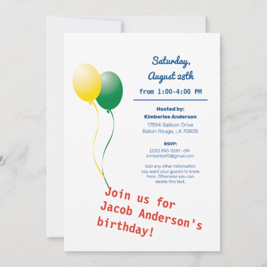 Invitation Voler Balloon Bundle Anniversaire (Dos)