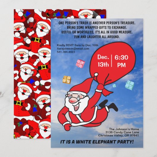 Invitation Voler Père Noël Blue Sky White Elephant Party (Devant / Derrière)