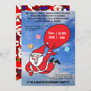 Invitation Voler Père Noël Blue Sky White Elephant Party