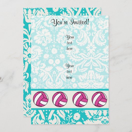 Invitation Volley-ball rose; Motif Damas (Devant / Derrière)