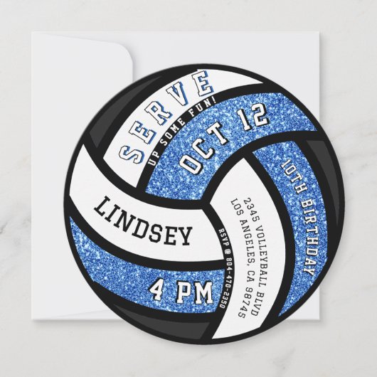 Invitation Volleyball Anniversaire Parties scintillant bleue (Devant)